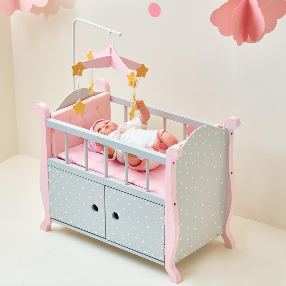 Teamson Kids Olivia's Little World Grey Polka Dots Baby Doll Nursery Bed with Cabinet Image 6