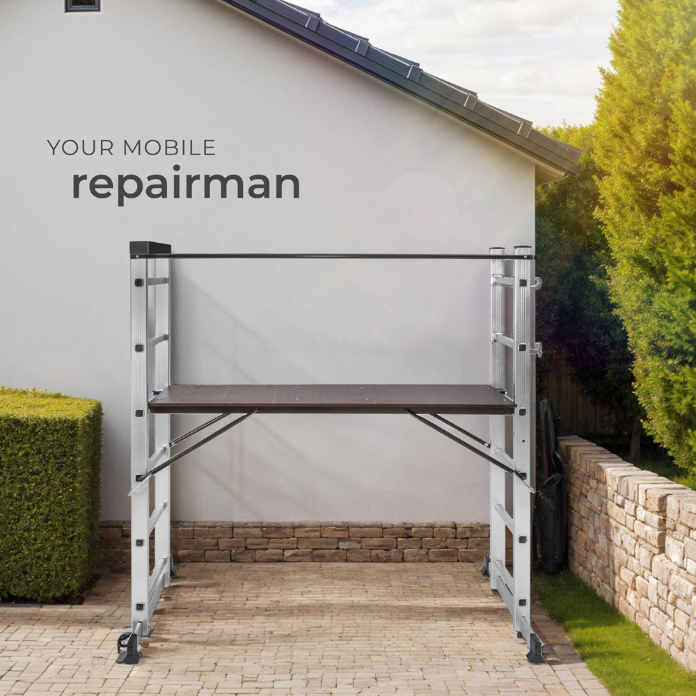 Tectake 3 in 1 Silver Aluminium Non Slip Ladder with 2 Practical Wheels Image 2