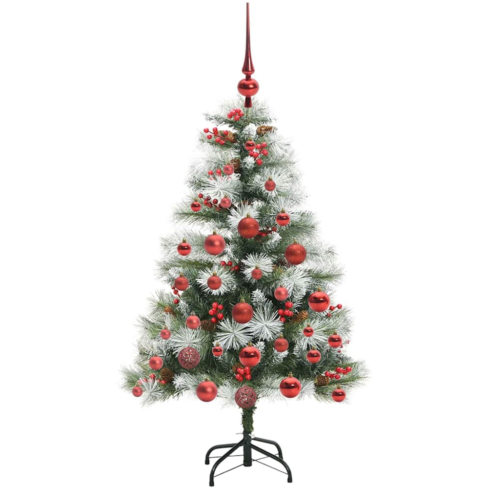 vidaXL Pre-Lit Red Baubles Green Artificial Snow Flocked Christmas Tree 4ft Image 4