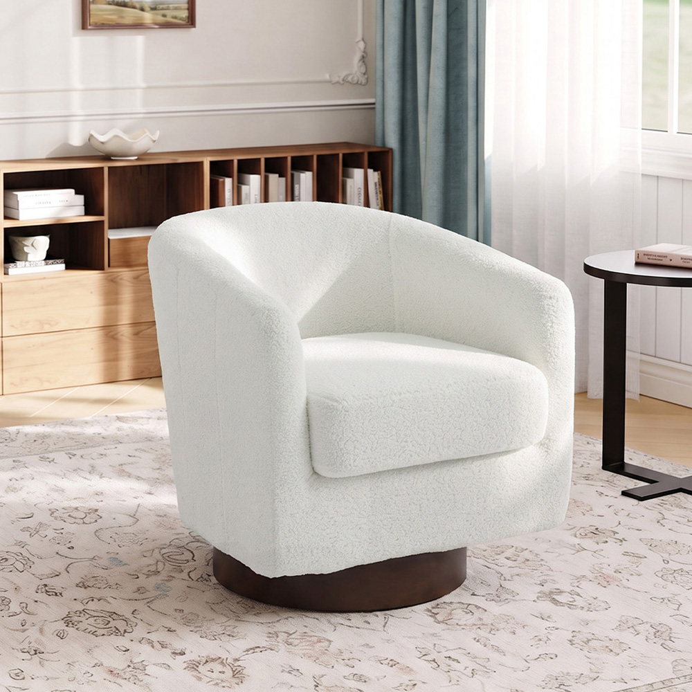 Living and Home Beige Sherpa Fleece Ribbed Curved Barrel Swivel Armchair Image 8