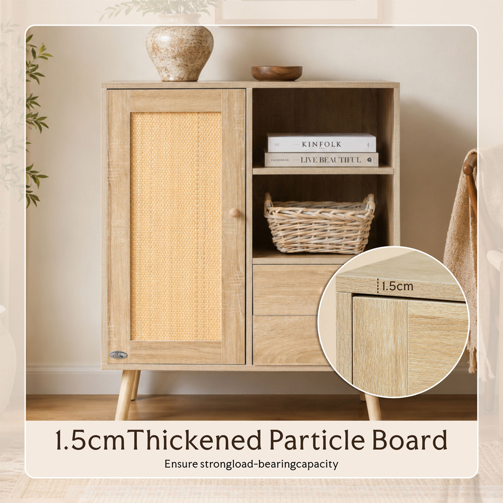 Abrihome Single Door 2 Drawer 2 Shelf Natural Wooden Rattan Side Cabinet Image 7