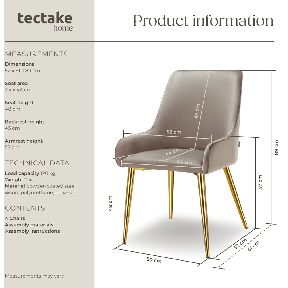 Tectake Avane Set of 4 Taupe Velvet Padded High Backrest Dining Chair Image 9