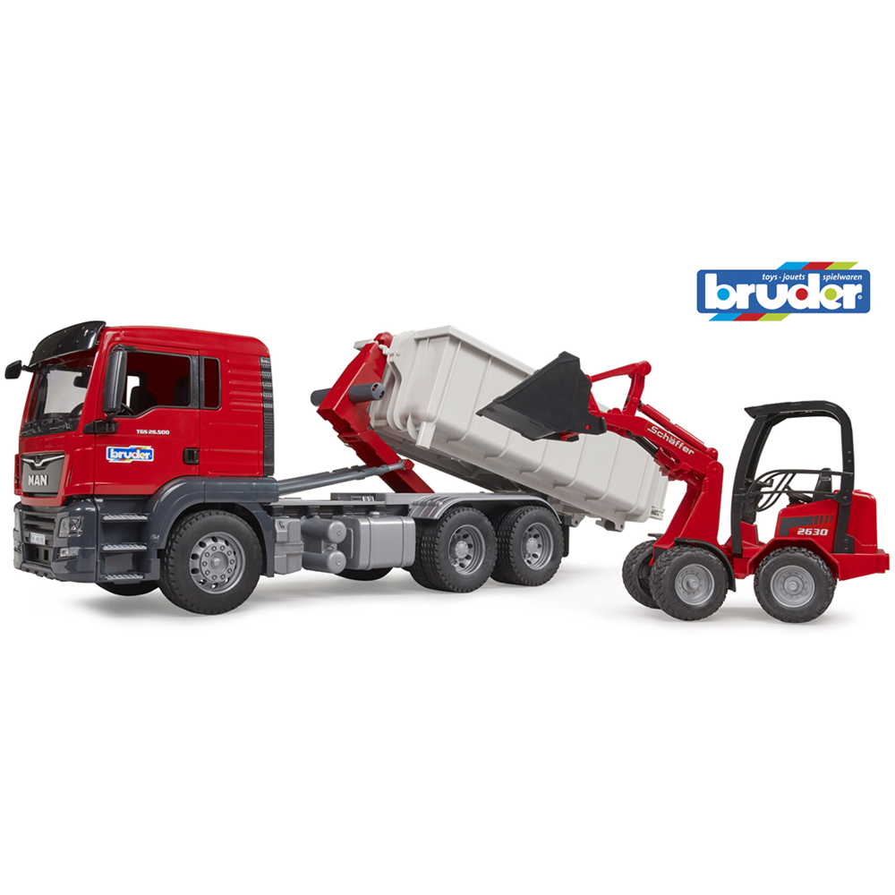 Bruder Kids MAN TGS Truck with Roll-Off-Container and Schäffer Compact Loader Playset Model Image 7