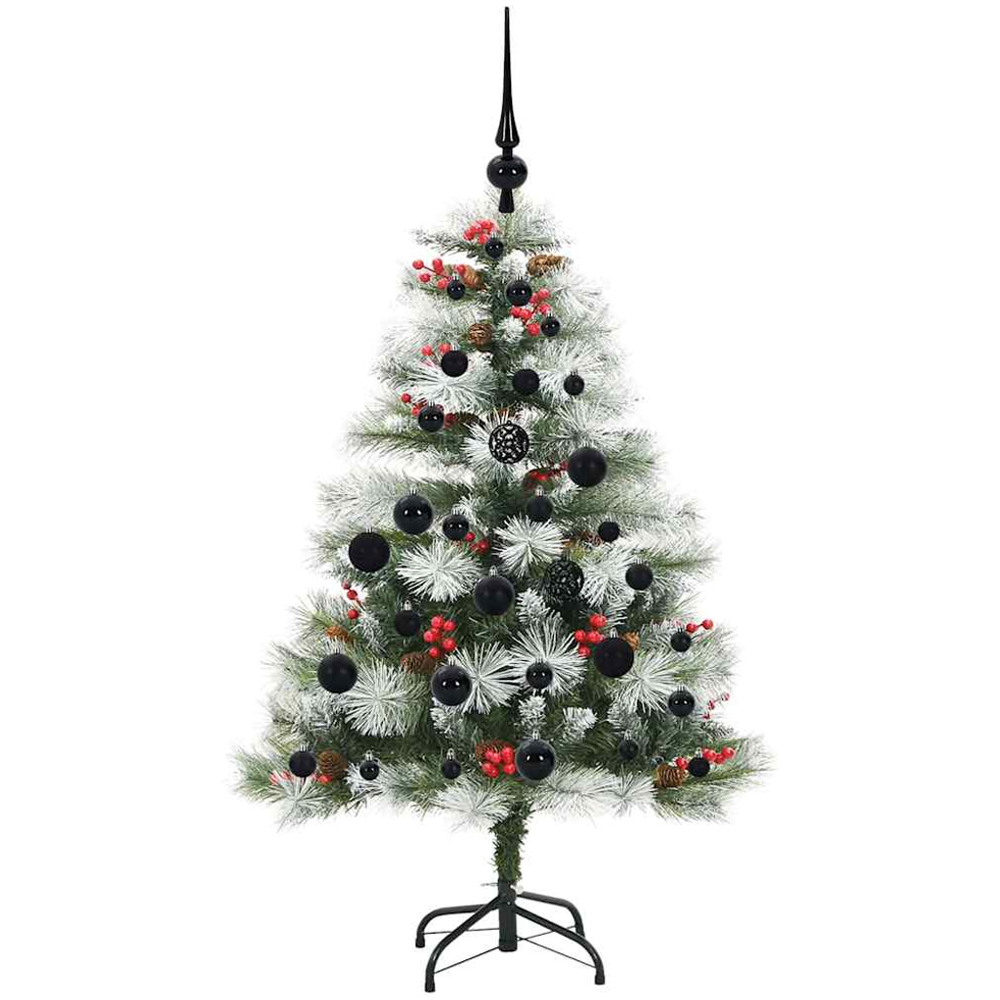 vidaXL Pre-Lit Black Baubles Green Artificial Snow Flocked Christmas Tree 4ft Image 4
