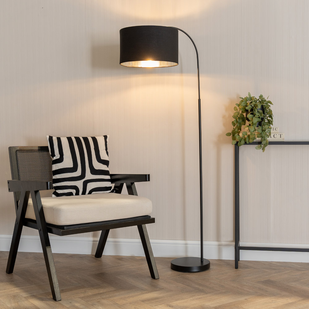 ValueLights Curva Black Velvet Drum Shade Black Arched Floor Lamp Image 3