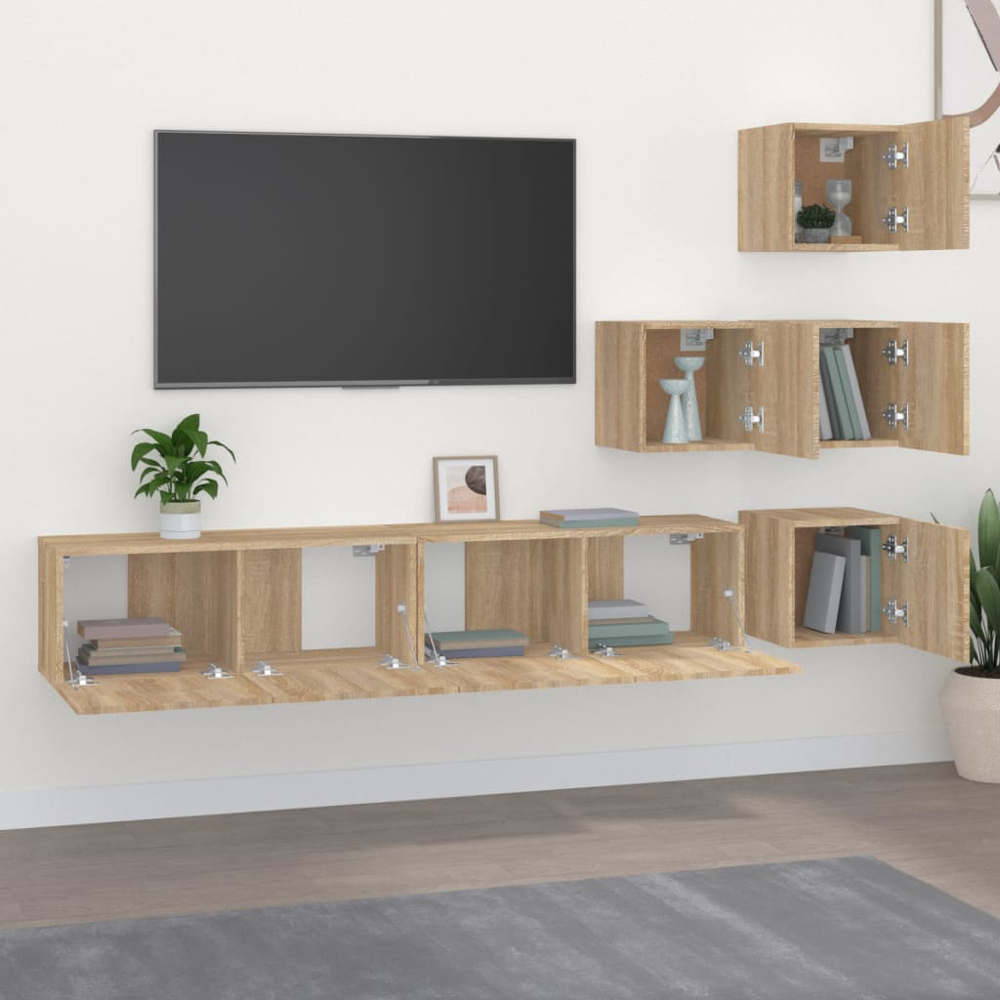 vidaXL 6 Piece Sonoma Oak Wall Mounted TV Cabinet Set Image 1