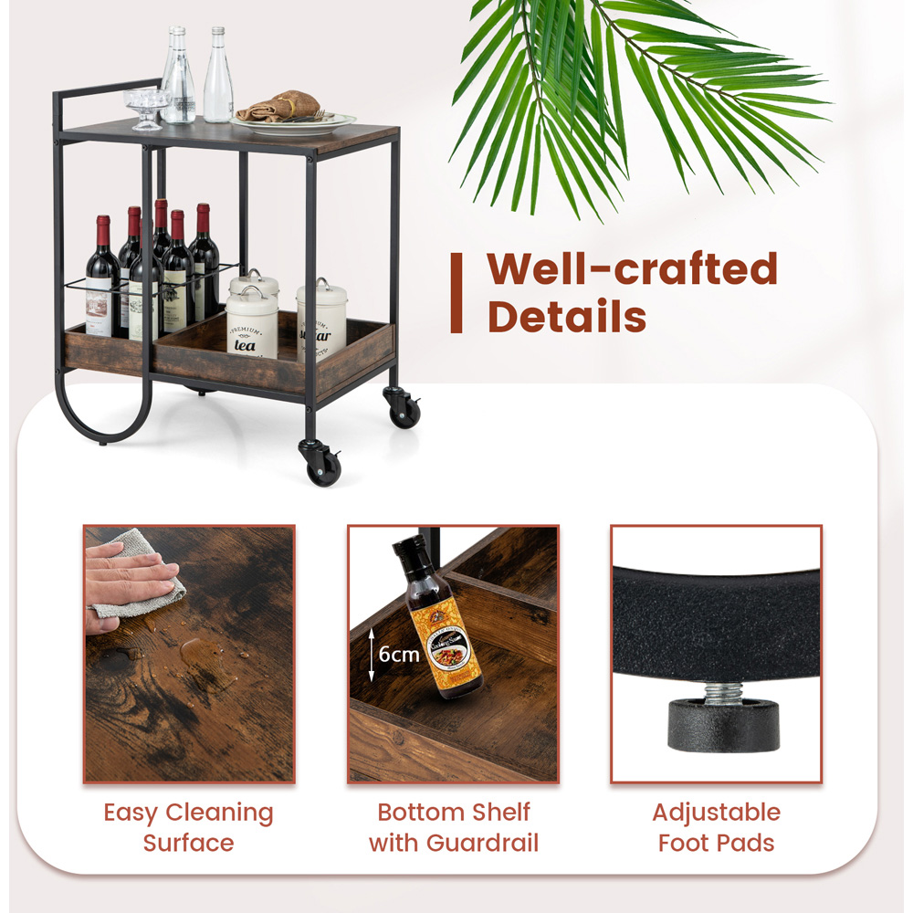 Costway Rustic Brown Rolling Buffet Serving Bar Cart Image 7