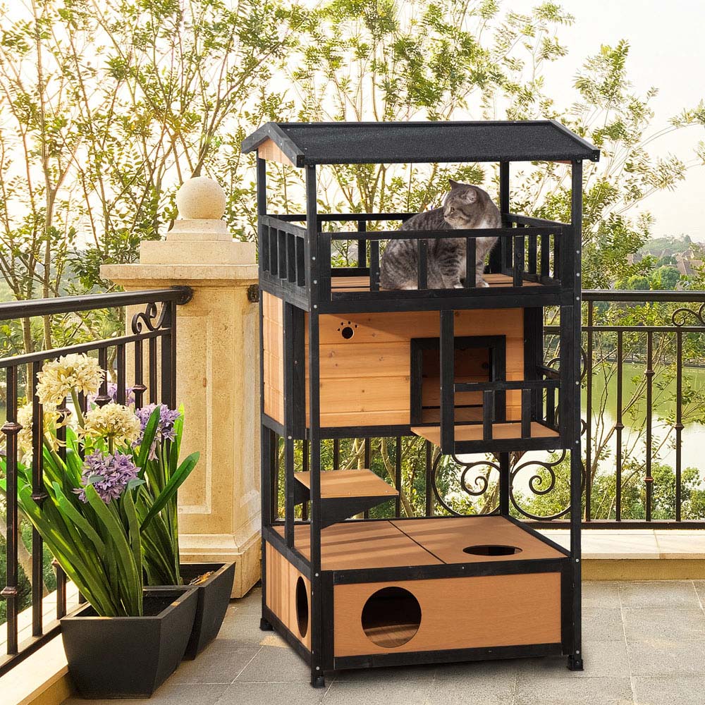 PawHut 3 Tier Yellow Wooden Outdoor Cat House with Roof Image 2