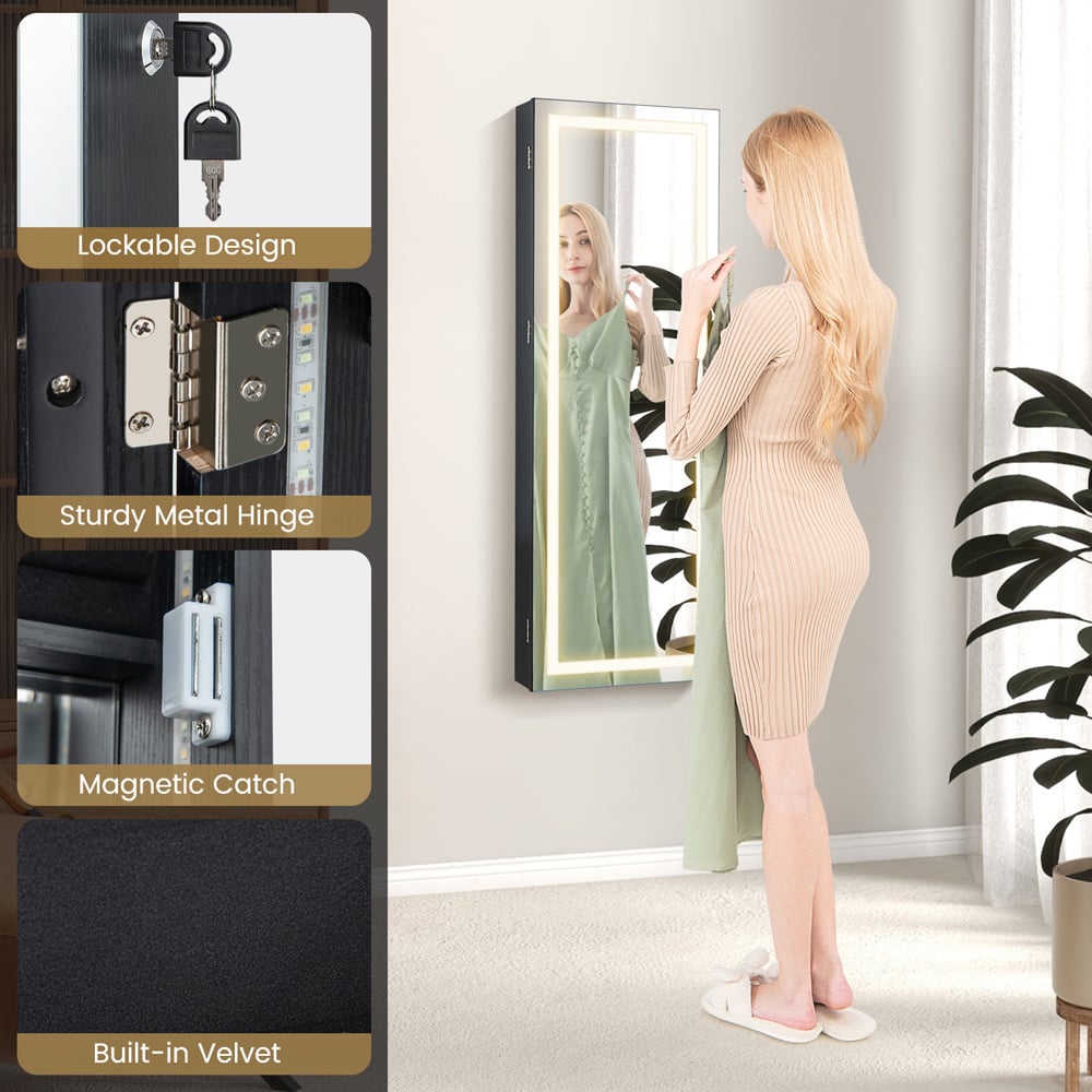 Costway White 3 Colour LED Lockable Jewellery Mirror Cabinet Image 4