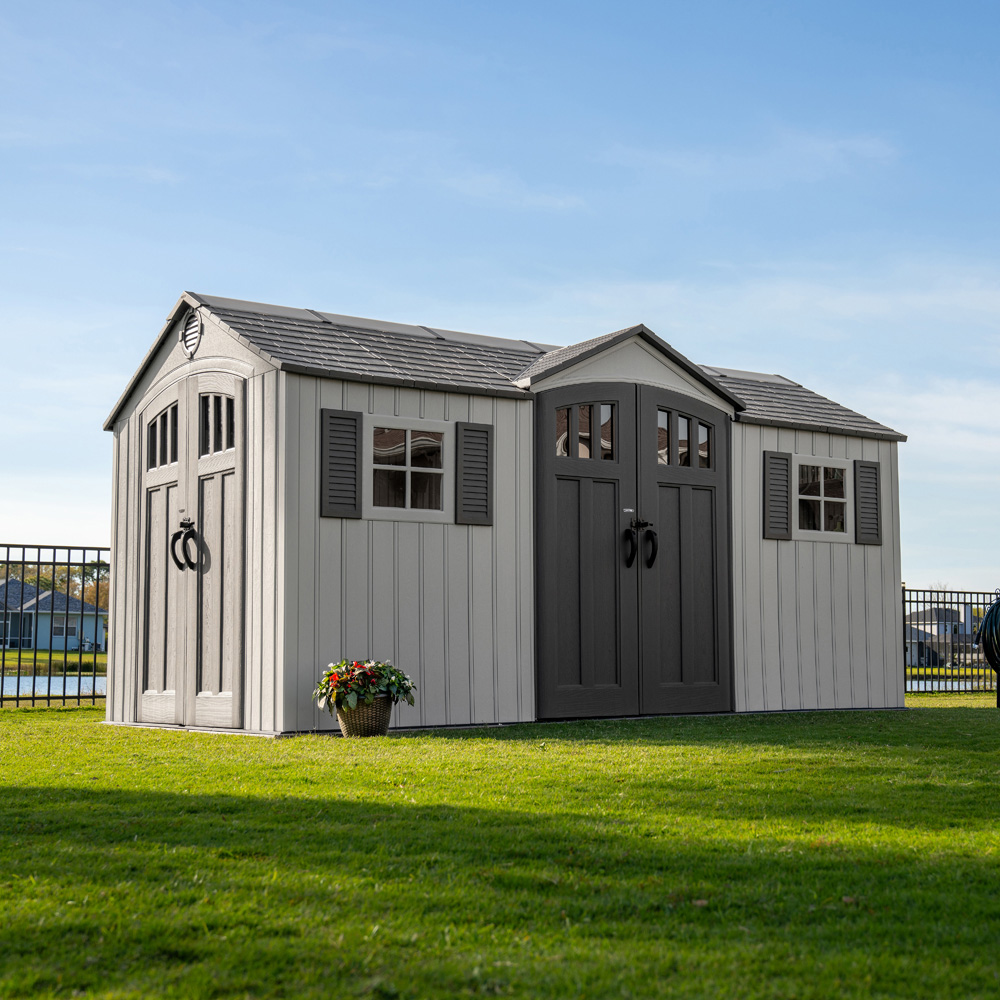 Lifetime Products 15 x 8ft Double Door Dual Entry Light Grey Garden Storage Shed Image 2