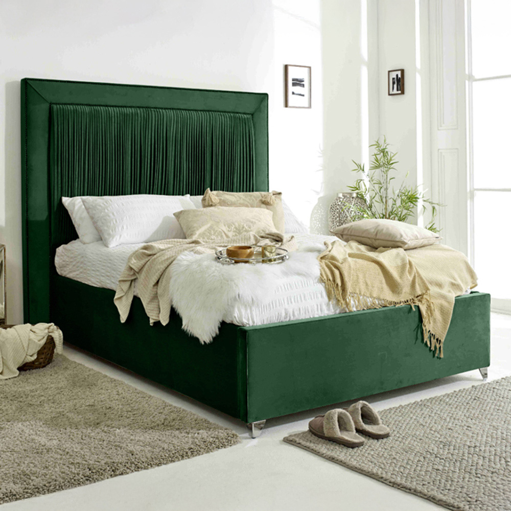 Eleganza Alexandra Super King Size Green Plush Velvet Bed Frame with Pleated Headboard Image 1