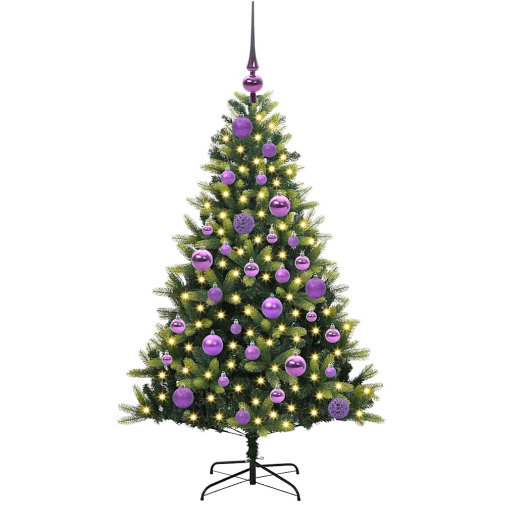 vidaXL Pre-Lit Lilac Baubles Green Artificial Hinged Christmas Tree 4ft Image 1