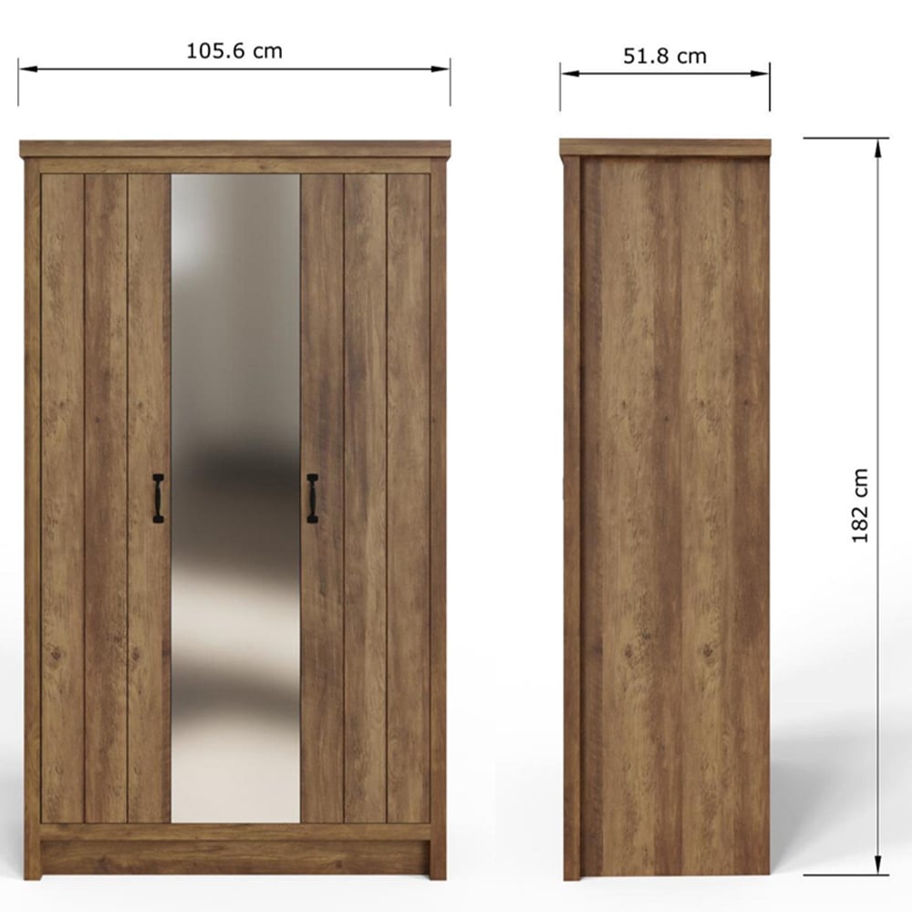 GFW Boston 3 Door Knotty Oak Mirrored Wardrobe Image 8