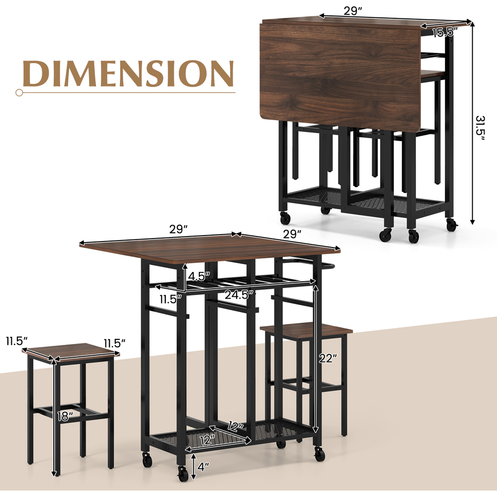 Costway 2 Seater Extendable Dining Set with Storage Brown Image 9