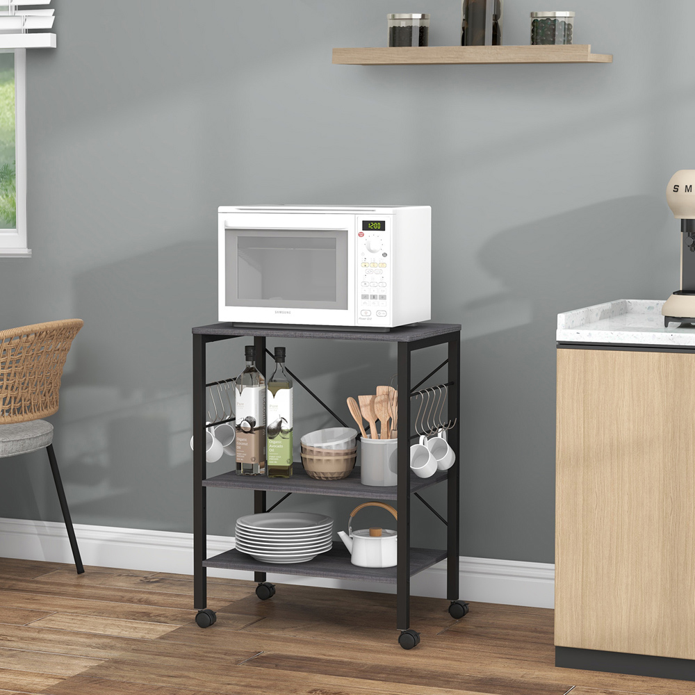 Costway 3 Shelf Black Storage Trolley with Removable Hooks Image 4
