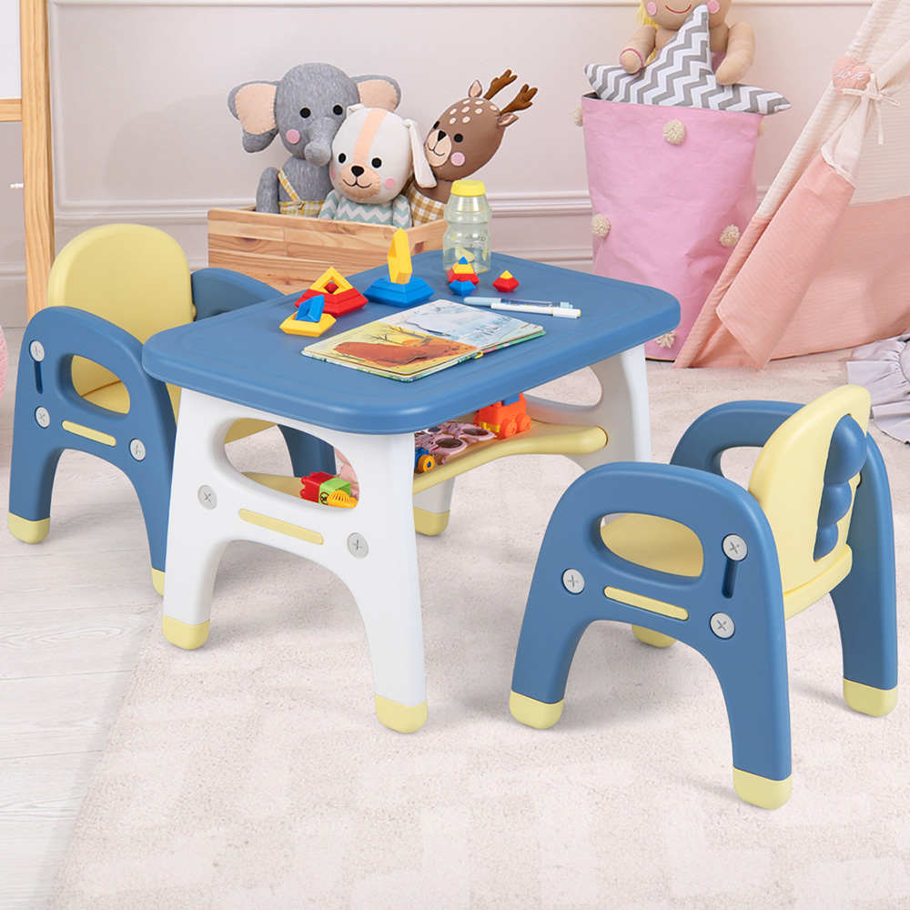 Costway 2 Seater Blue Kids Table and Chair Set with Shelf and Building Blocks Image 1