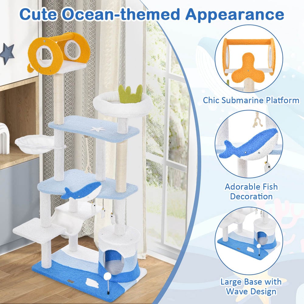 Costway Blue Ocean Themed Cat Tree Tower with Scratching Posts Image 4