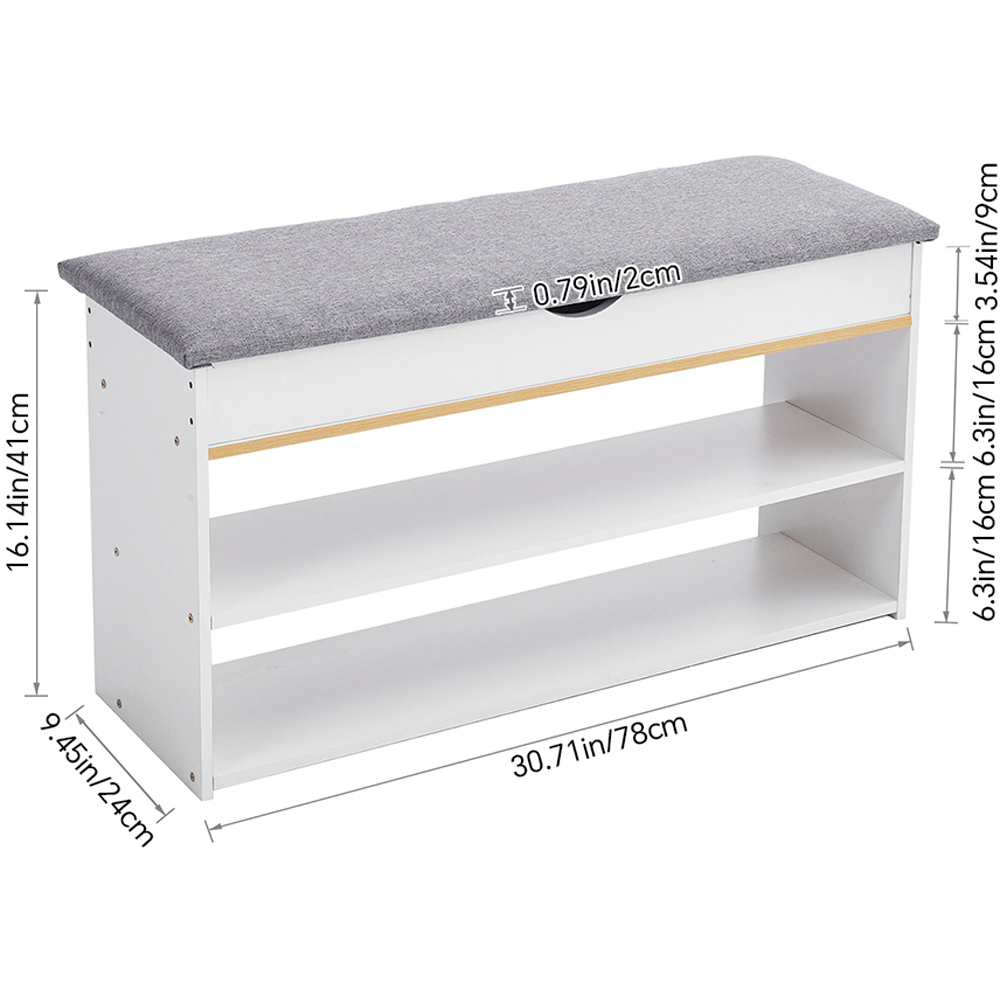 Living and Home 2 Shelf White Shoe Storage Bench with Hidden Compartment Image 8