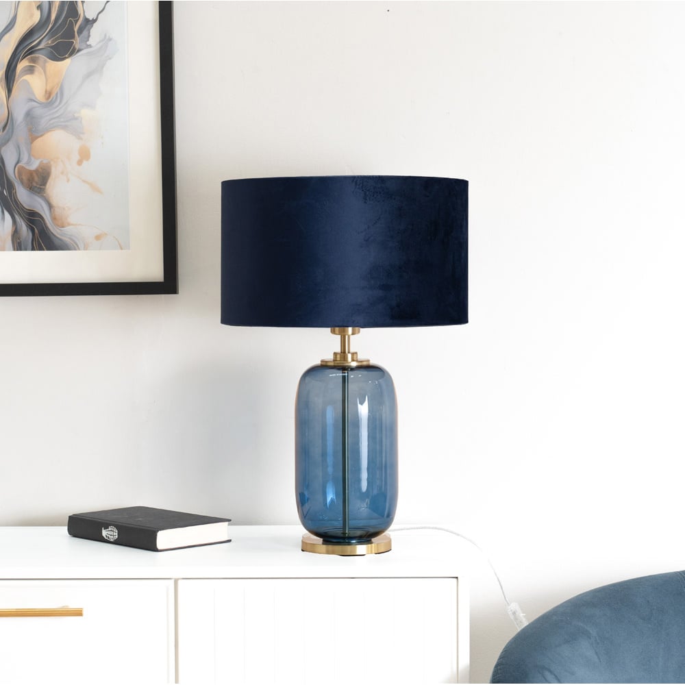 ValueLights Leigh Reni Navy Blue Velvet Shade Navy Blue Glass LED Table Lamp Image 3