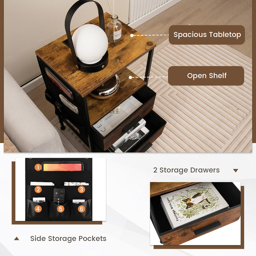 Costway 2 Drawer Single Shelf Rustic Brown Bedside Table Set of 2 Image 7