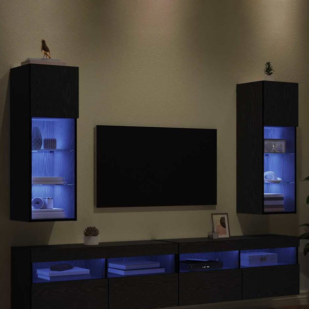 vidaXL Single Door 3 Shelf Black Oak Wall Mounted LED TV Unit Set of 2 Image 1