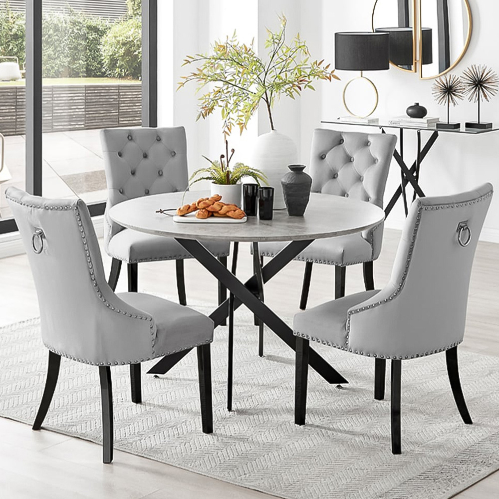 Furniturebox Arona Kensington Concrete Effect 4 Seater Round Dining Set Grey Black and Grey Image 1