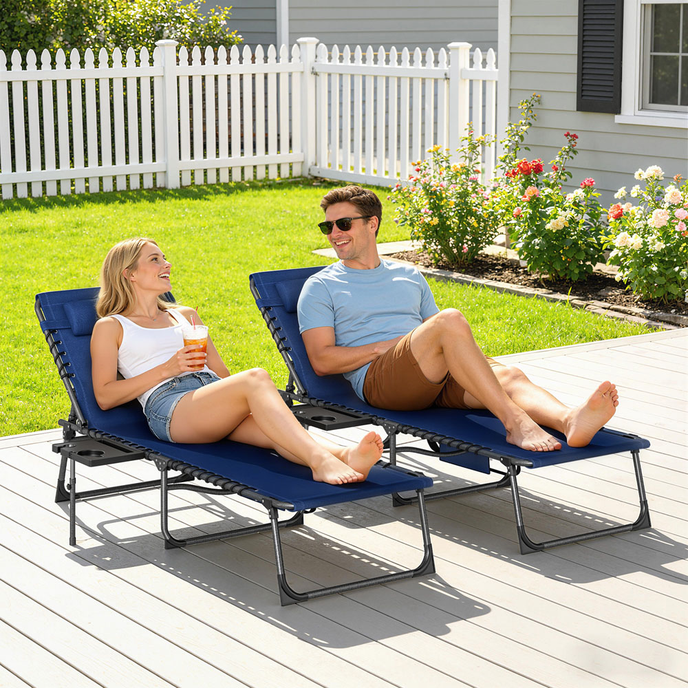 Outsunny Dark Blue 5-Level Reclining Foldable Sun Lounger with Cup Holder Image 2