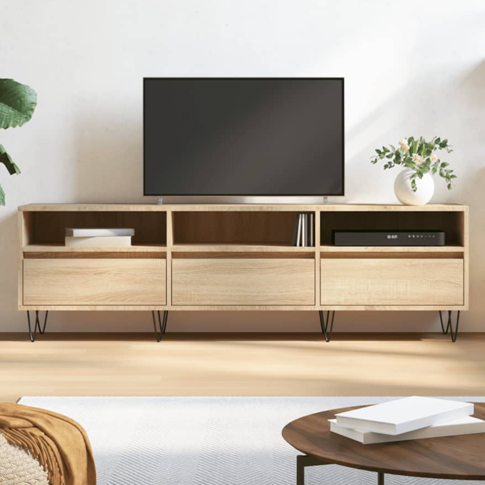 vidaXL 3 Drawer 3 Shelf Sonoma Oak TV Cabinet with Black Legs Image 1