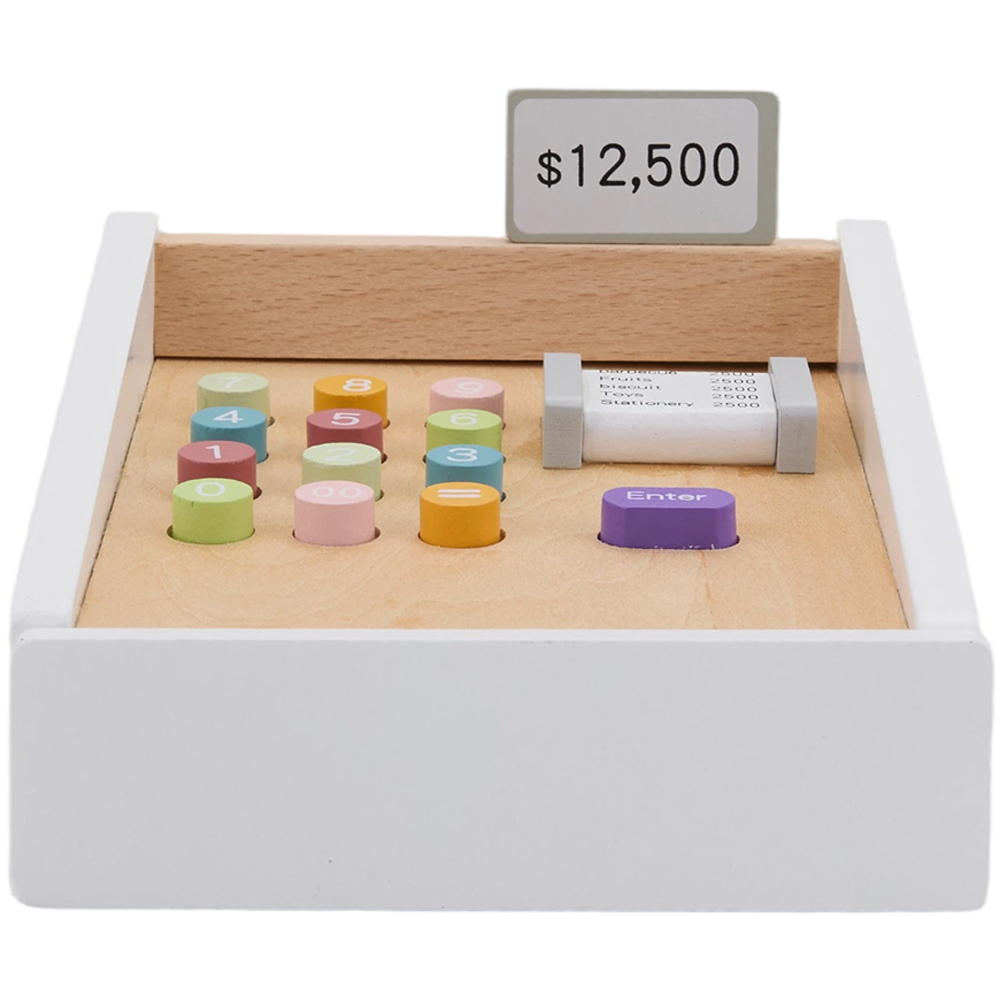 H&O Direct Kids Wooden Cash Register Toy Pretend Play Set with Money Scanner and Card Machine Image 3