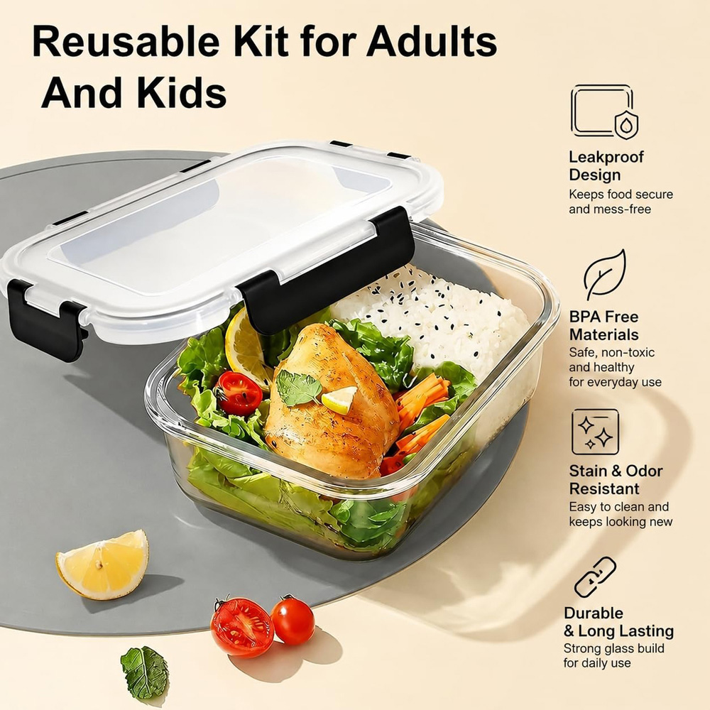 ATEK 36oz BPA Free Glass Food Storage Container with Lid 5 Pack Image 2
