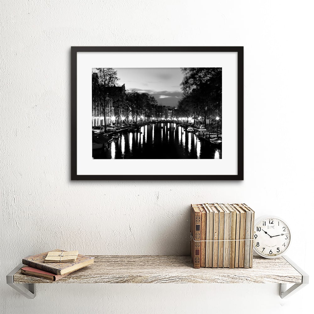 Wee Blue Coo Black and White Amsterdam Channels Night Lights Framed Wall Art Print 30 x 41cm Image 2