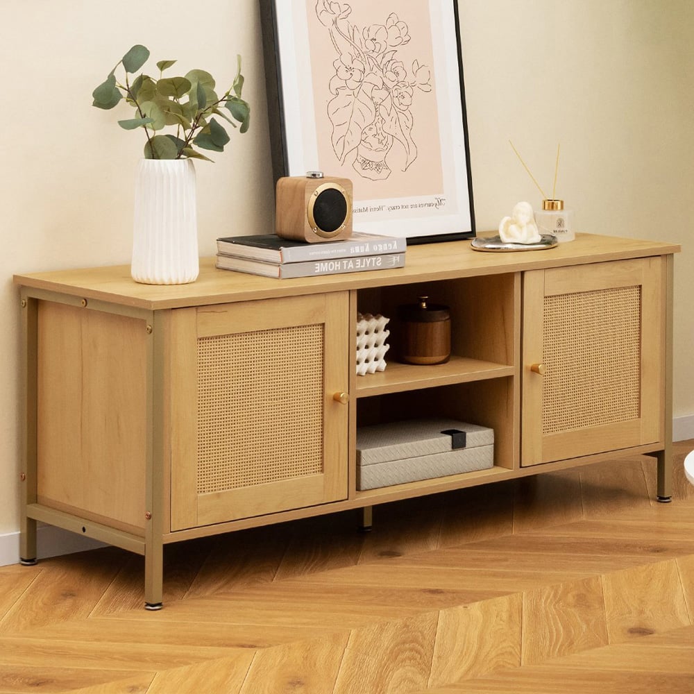 Costway 2 Door 2 Shelf Natural Boho Rattan TV Unit Image 1