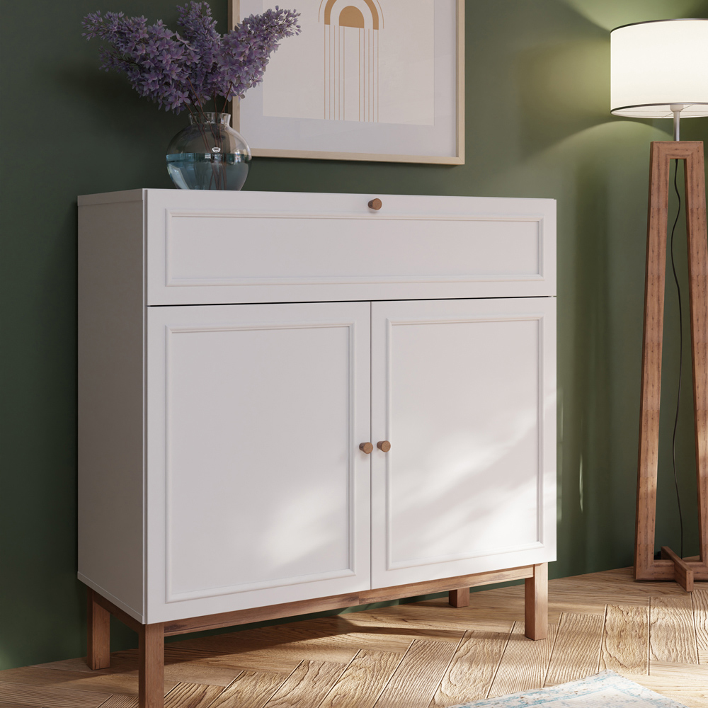 Florence Wensley 2 Door Single Drawer Light Grey and Oak Sideboard Image 6