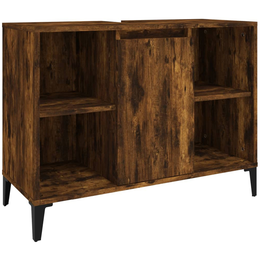 vidaXL Single Door 4 Shelf Smoked Oak Freestanding Under Sink Bathroom Cabinet Image 2
