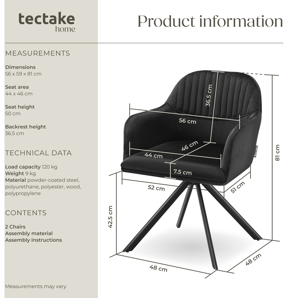 tectake Lona Set of 2 Black Velvet Upholstered Swivel Armchair Image 9