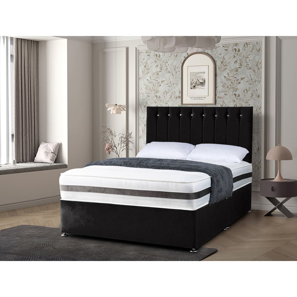 Eleganza Home Cocoon Small Double Black Plush Velvet Divan Bed with Headboard Image 2