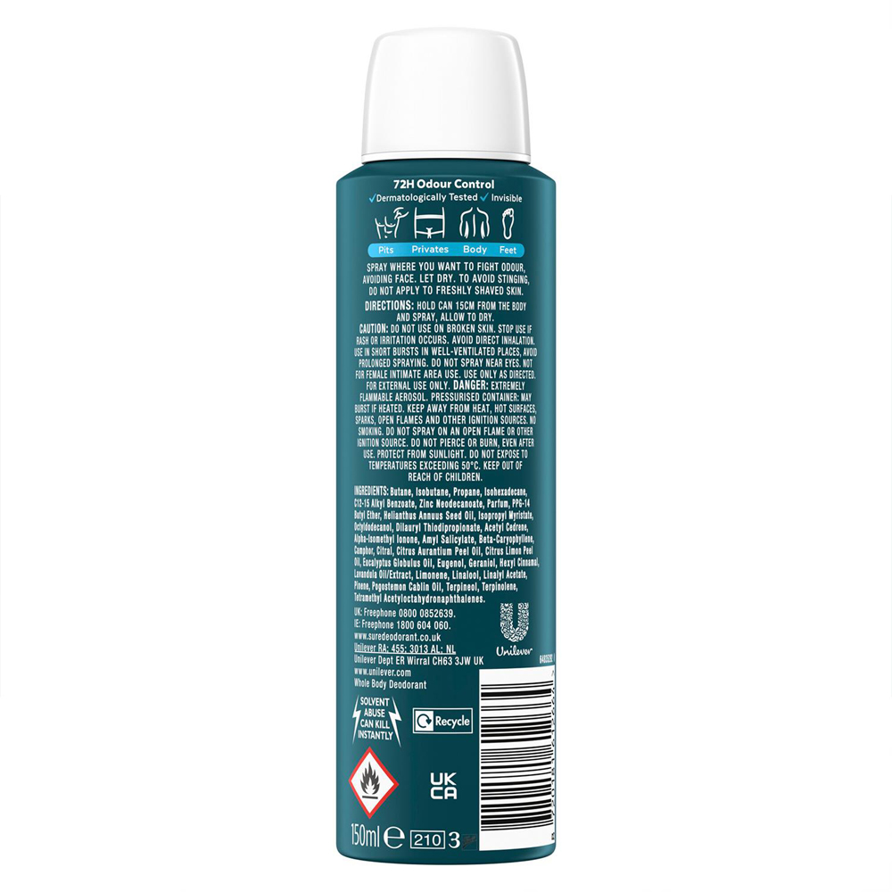 Sure Men 72H Odour Control Whole Body Ocean Rush Deodorant Spray 150ml 12 Pack Image 3