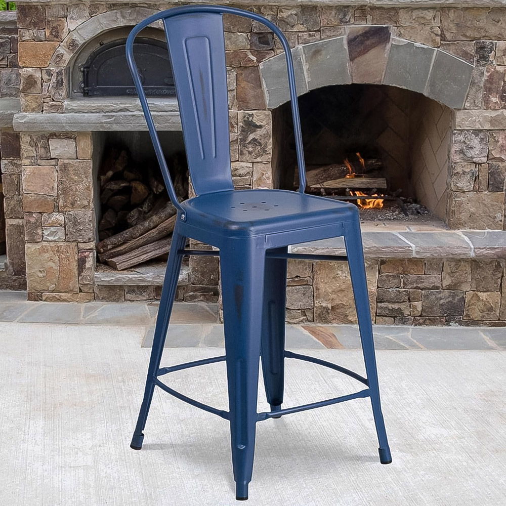 FWStyle Antique Blue Steel Bar Stools Set of 4 Image 1
