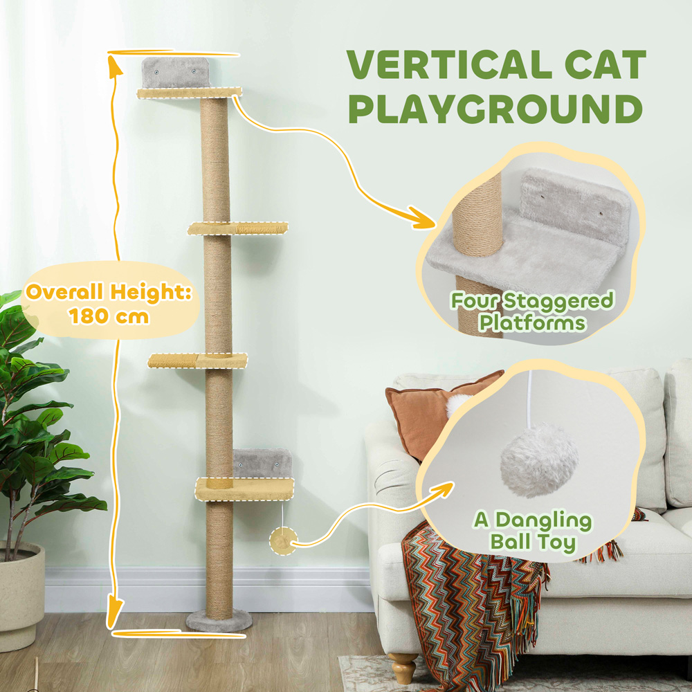PawHut 4 Platform Light Grey Indoor Wall Mounted Cat Shelves Image 5