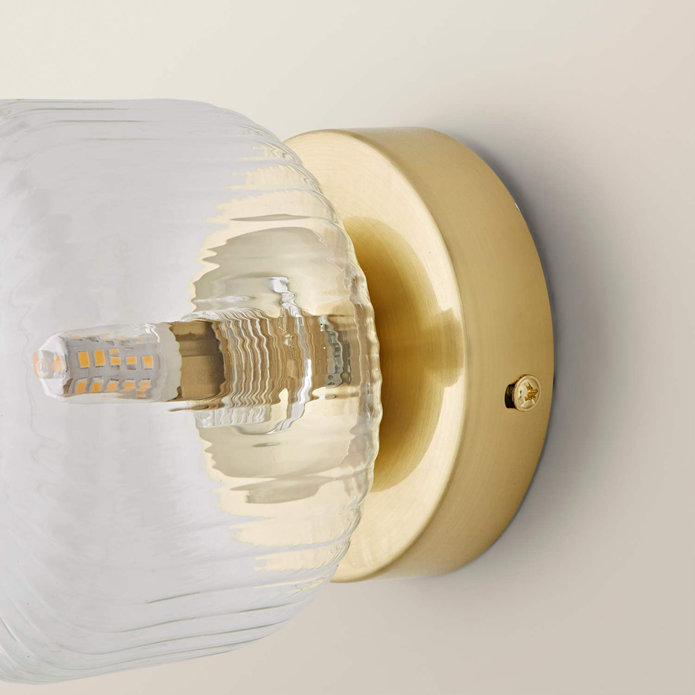 ValueLights Calpe Ribbed Clear Shade Brushed Gold Flush Wall Light with Bulb 2 Pack Image 4