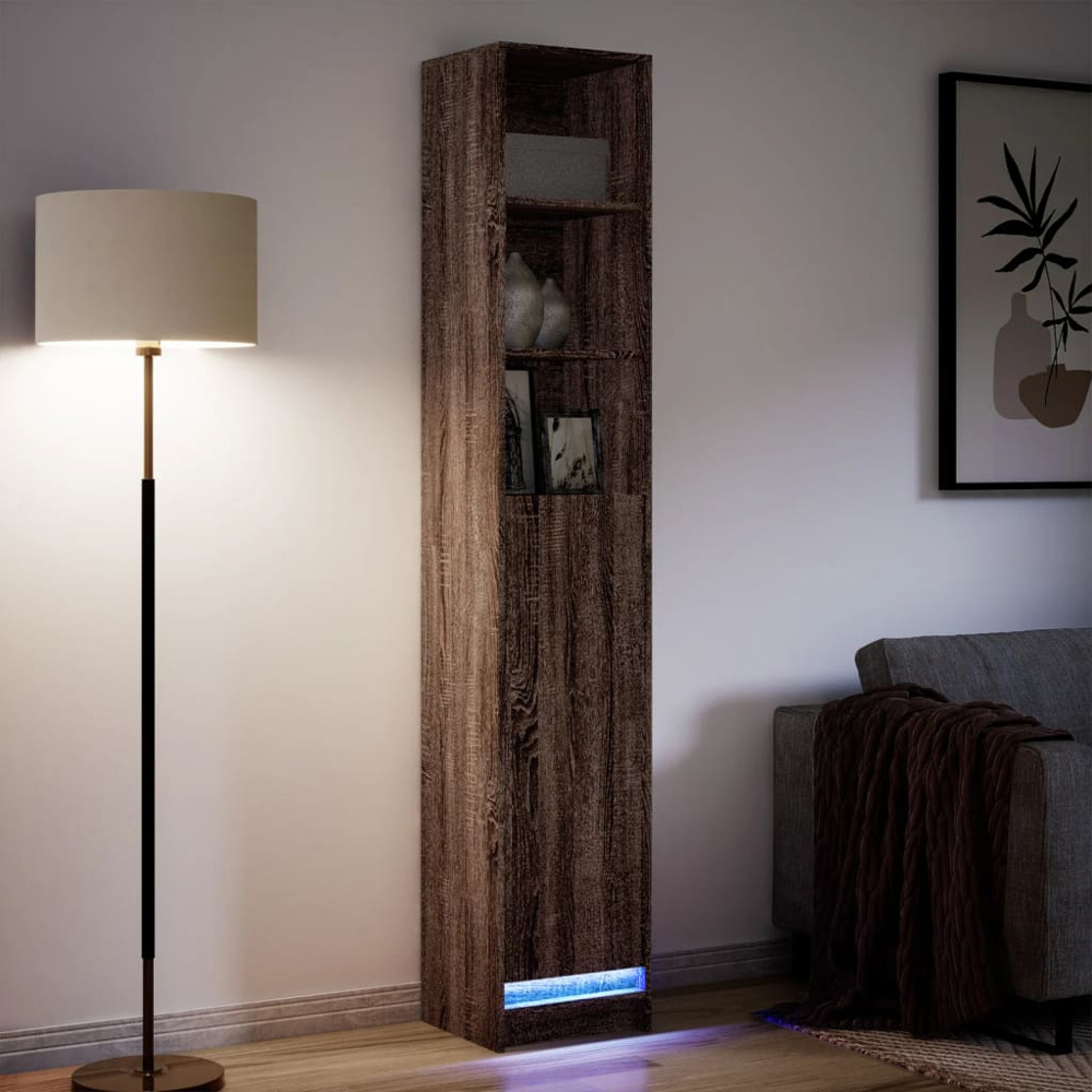 vidaXL Single Door 3 Shelf Brown Oak Sideboard with LED Lights Image 9