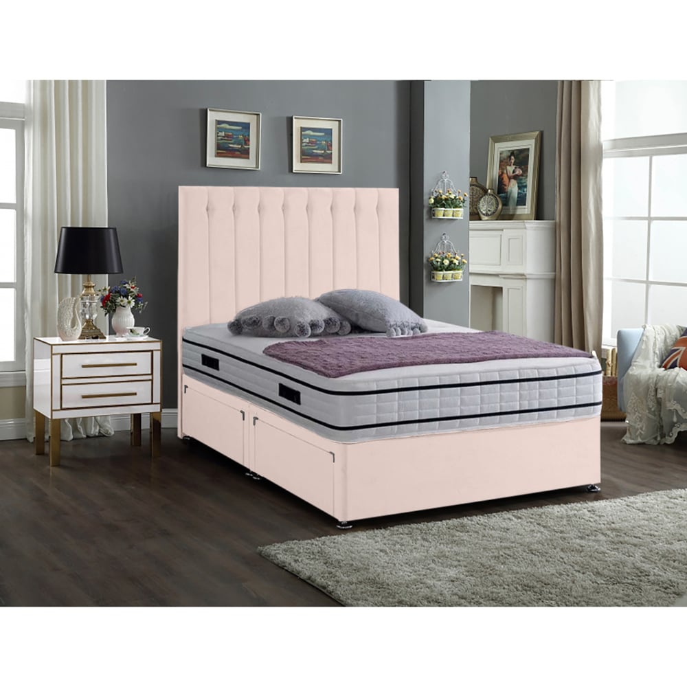 Eleganza Home Snuggler King Size Blush Plush Velvet 2 Drawer Divan Bed with Lined Headboard Image 2