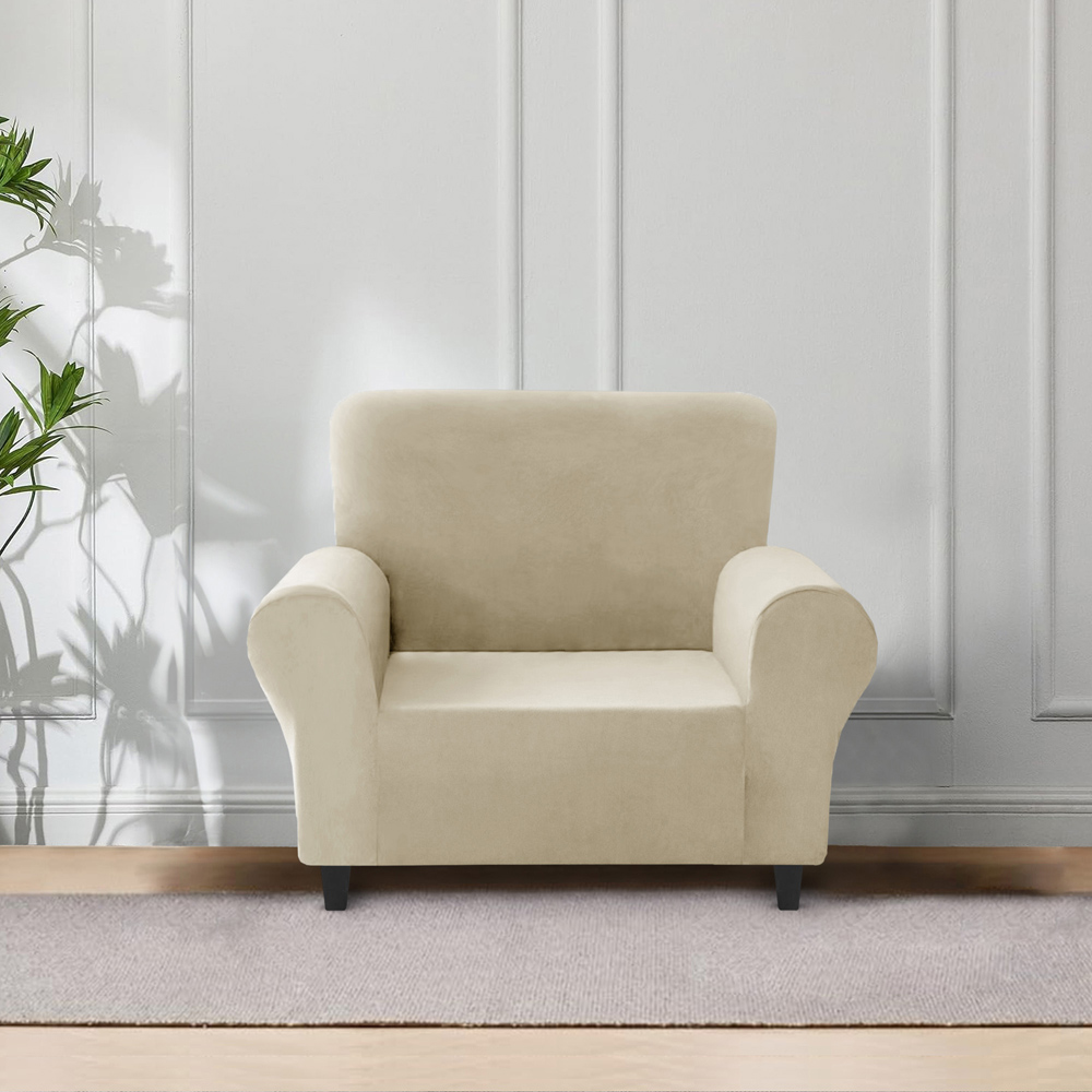 Homerepublic Single Seater Beige Mink Velvet Stretch Fit Sofa Cover Image 2