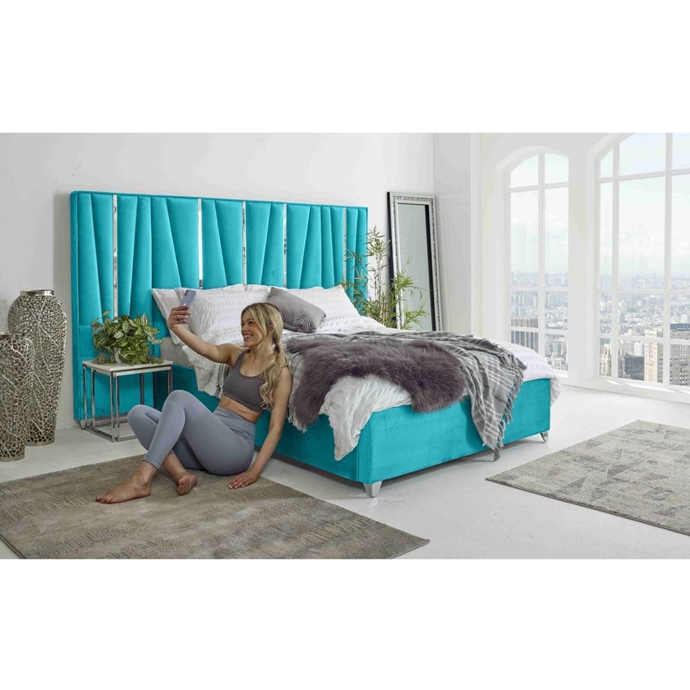 Eleganza Mila Super King Size Teal Plush Velvet Bed Frame with Lined Headboard Image 8