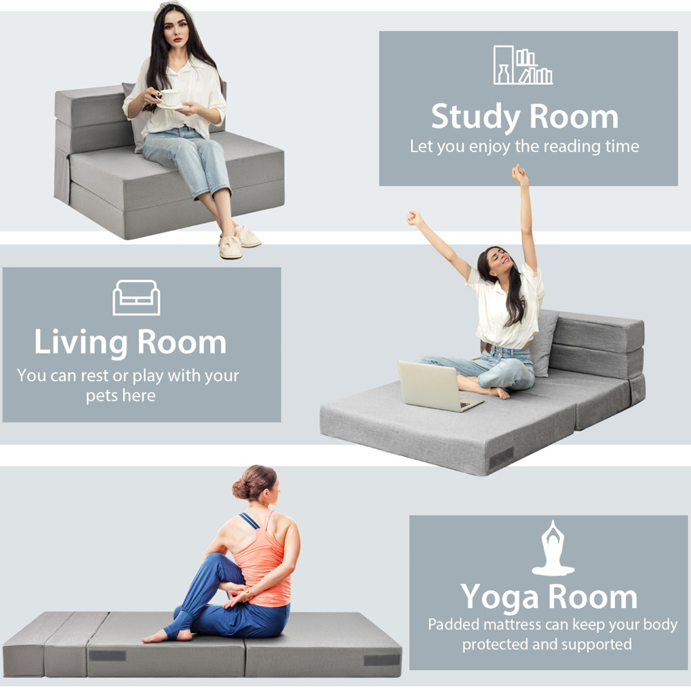 Costway Single Light Grey Tri Fold Sofa Bed with Pillow Image 7