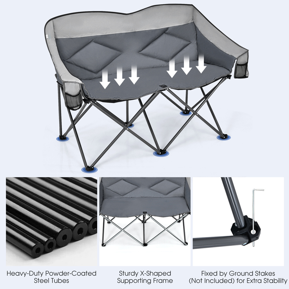 Costway 2 Seater Grey Folding Camping Chair with Padded Seat Image 6