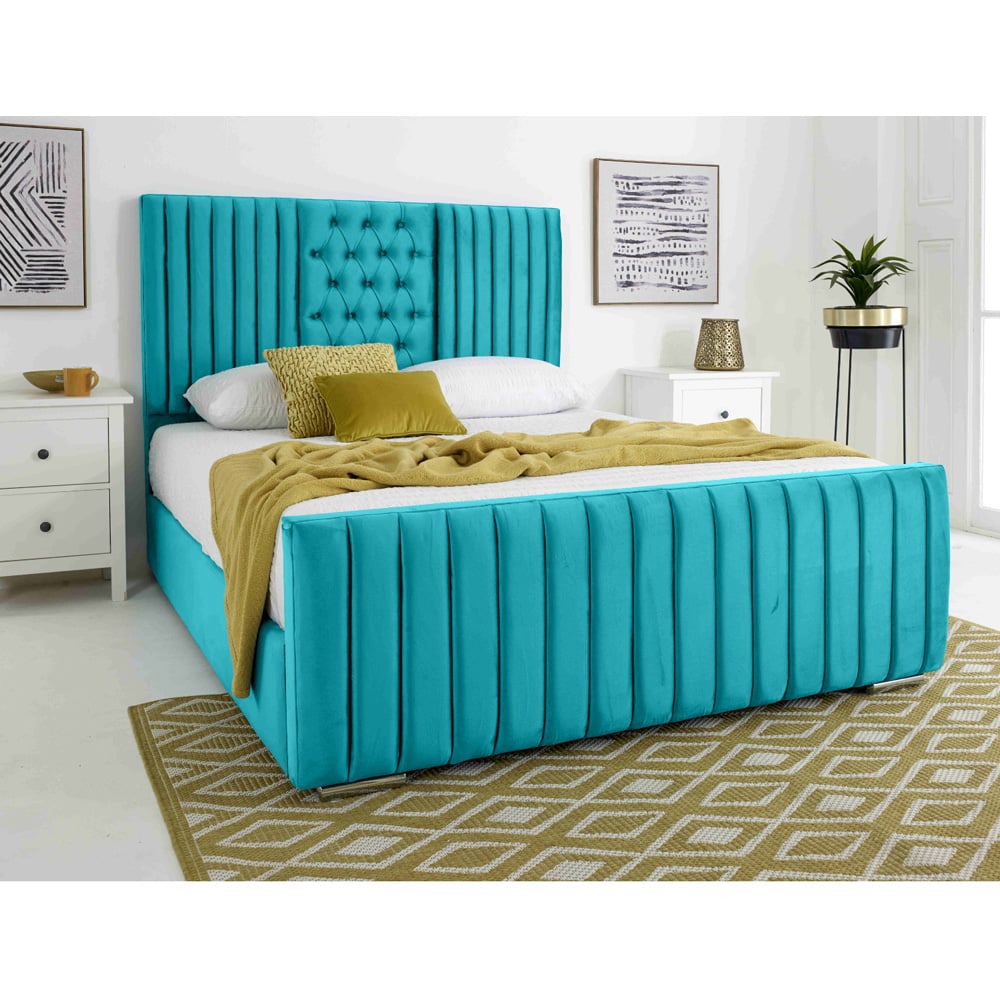 Eleganza Gracie Double Teal Plush Velvet Bed Frame with Lined Headboard Image 2