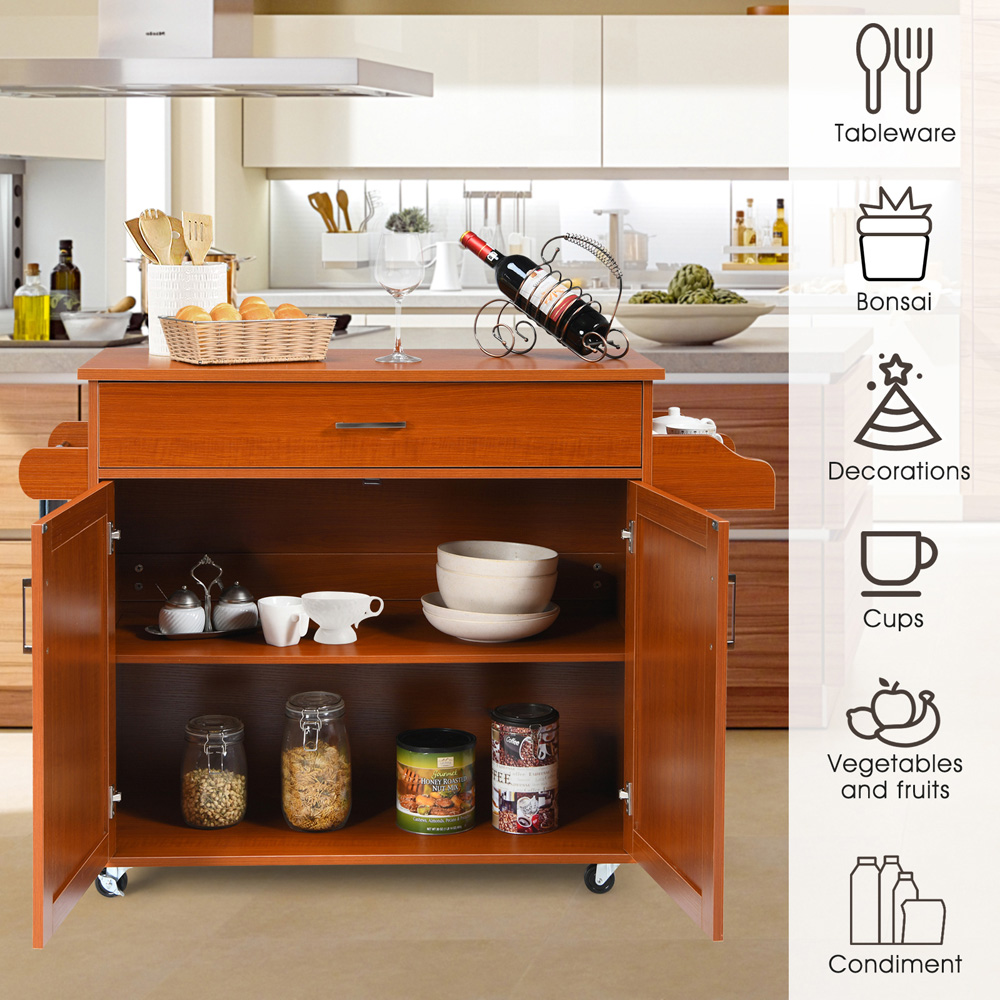 Costway 2 Door Single Drawer Single Shelf Brown Rolling Kitchen Storage Trolley Image 7