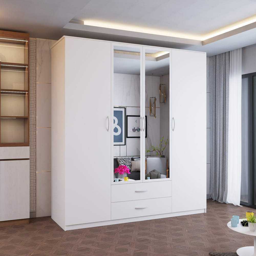 Sliding Wardrobes 4U London 4 Door 2 Drawer White Hinged Central Mirrored Wardrobe Image 5