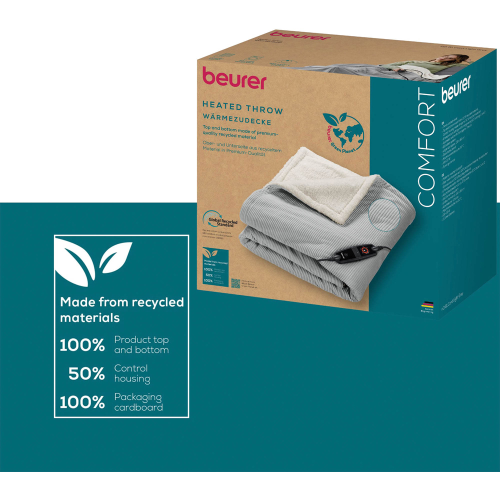 Beurer Comfort Green Planet Grey Cosy Corded Heated Throw with Controller 180 x 130cm Image 6
